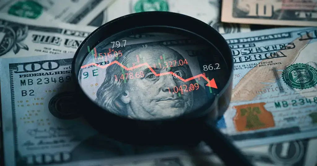 Money with a downtrend arrow and magnifying glass signifying a slowing U.S. Economy due to immigration policies.