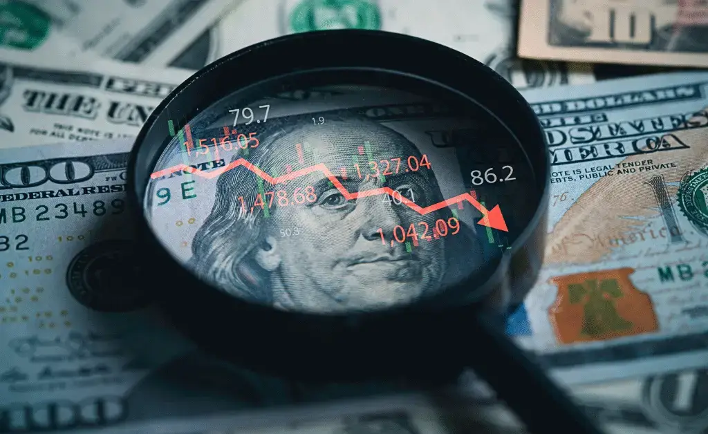 Money with a downtrend arrow and magnifying glass signifying a slowing U.S. Economy due to immigration policies.