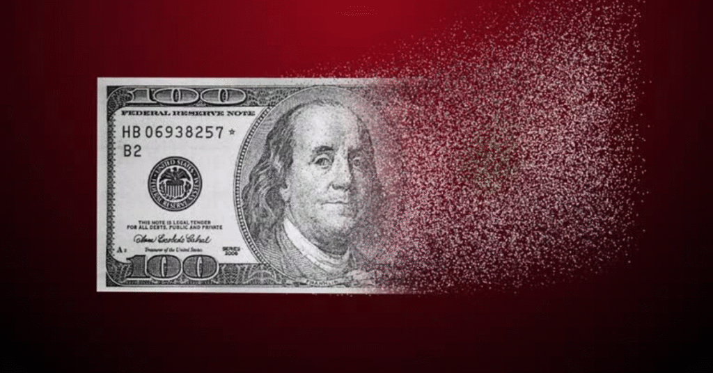 Hundred dollar bill disappearing, highlighting how what inflation does to money